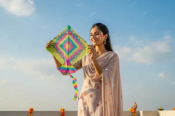 Young Indian Woman Celebrating Kite Festival on a Rooftop