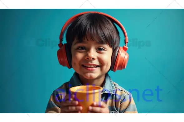 Smiling Child with Headphones and Cup