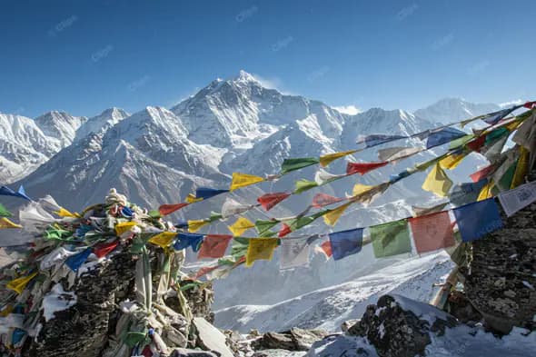 Himalayan Peaks with Prayer Flags