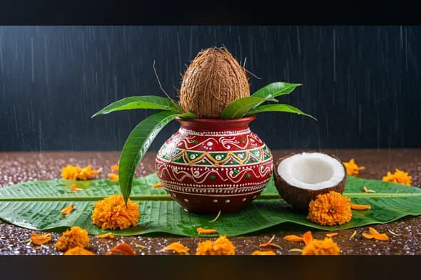 Red Kalash with Coconut and Mango Leaves in Rain | AIClips Monsoon Indian Pooja Decor