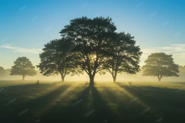 Misty Dawn Tree Silhouettes