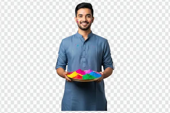 Cheerful Man with Holi Festival Gulal Plate PNG
