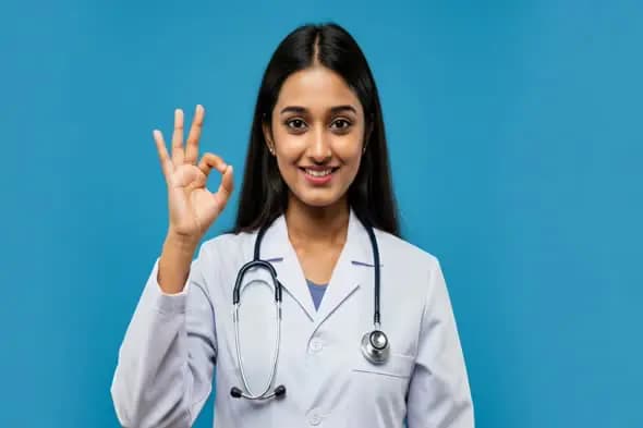 Confident Indian Woman Doctor Giving OK Sign on Blue Background