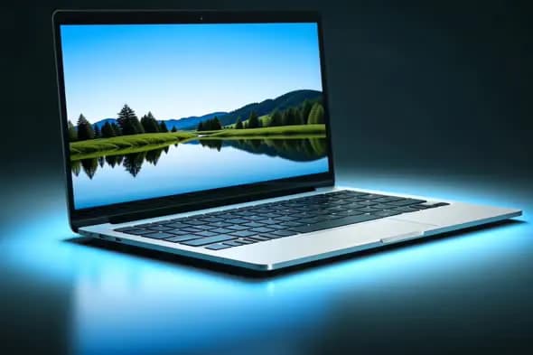 Laptop with Landscape Reflection on Screen
