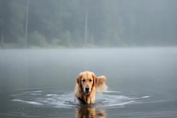 Golden Retriever Swimming in Misty Lake