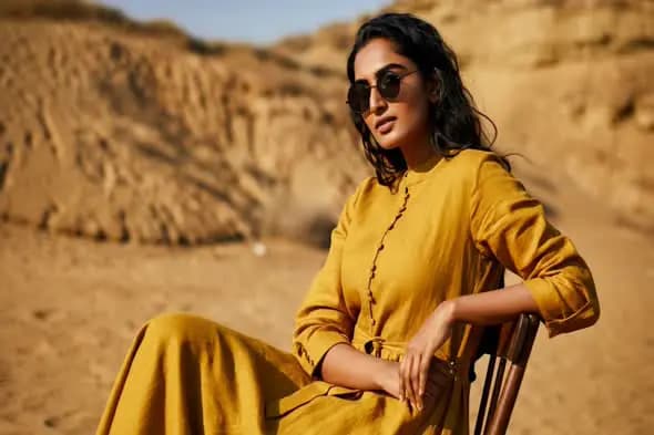Woman in Yellow Dress on Desert