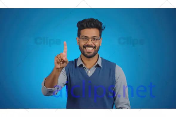 Smiling Man in Sweater Vest Pointing Up