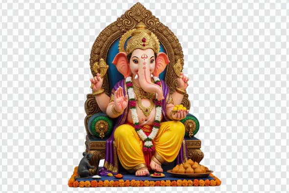 Ornate Lord Ganesha Idol on Decorated Throne PNG