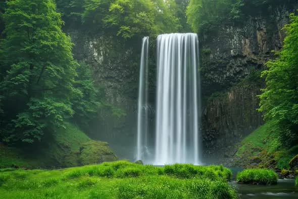 Stunning Tropical Waterfall Cascading Lush Green Cliffside