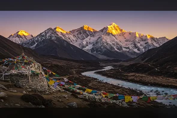 Himalayan Sunrise Over River Bend and Prayer Flags
