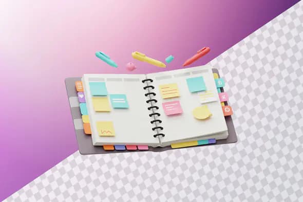 Colorful planner with sticky notes and floating pens