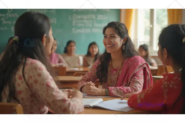 Smiling Indian Teacher Engaging with Students in Classroom