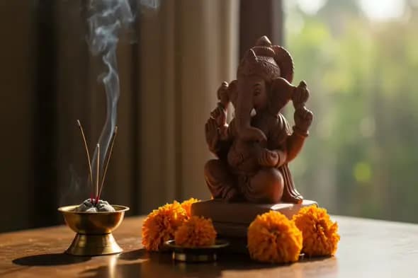 Clay Ganesha Idol with Incense and Marigold for Puja Rituals