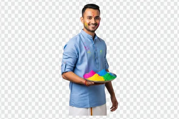 Young Indian Man Celebrating Holi with Colors Plate PNG