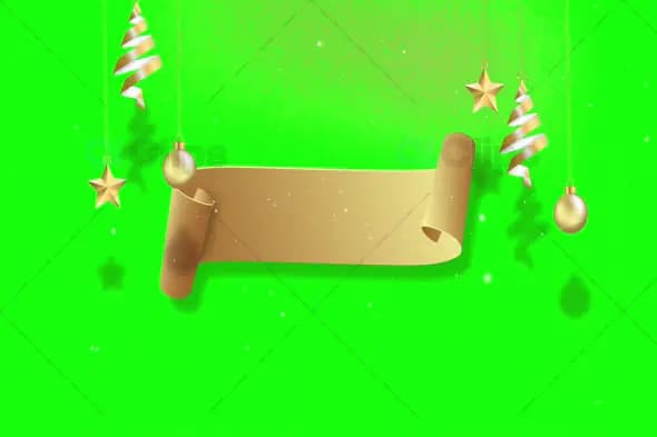 Festive Golden Scroll with Christmas Ornaments on Green Screen