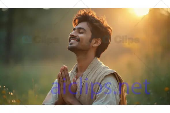 Grateful Man Meditating Outdoors at Sunset