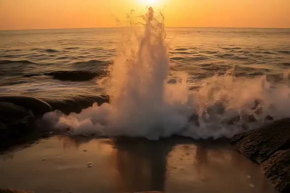Dramatic Ocean Waves Crashing Against Rocky Shore Sunset