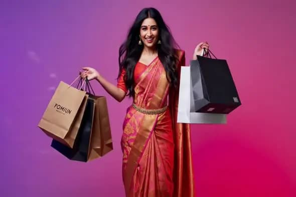 Festive Shopping with Traditional Indian Saree Against Gradient Background