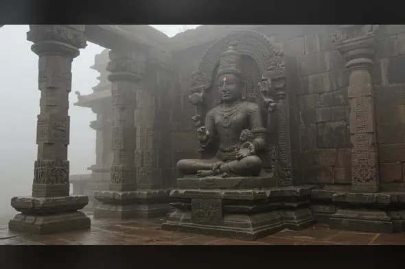 Majestic Stone Idol in Misty Ancient Temple – Spiritual India