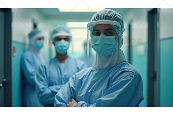 Confident Medical Team in Full PPE in Hospital Corridor