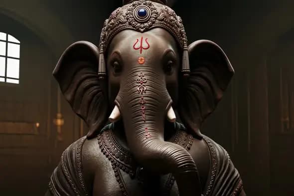 Majestic Ganesha Statue Close-up in Atmospheric Lighting