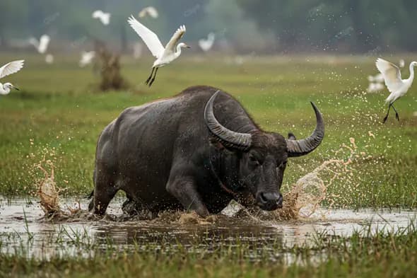 Water Buffalo Stampede with Egrets