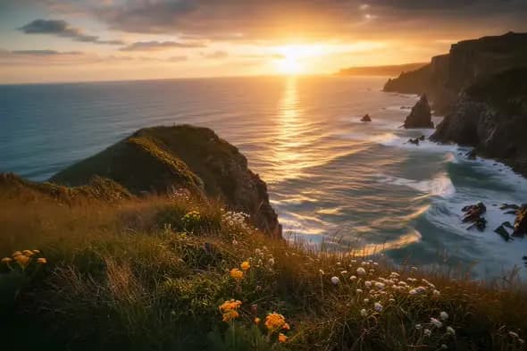 Spectacular Coastal Sunset Illuminates Rugged Cliffside Scenery