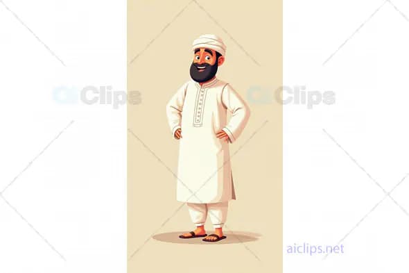 Cartoon Muslim Man in Traditional White Kurta