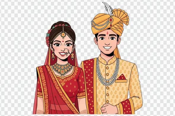 Smiling Indian Wedding Couple in Festive Attire Clipart PNG