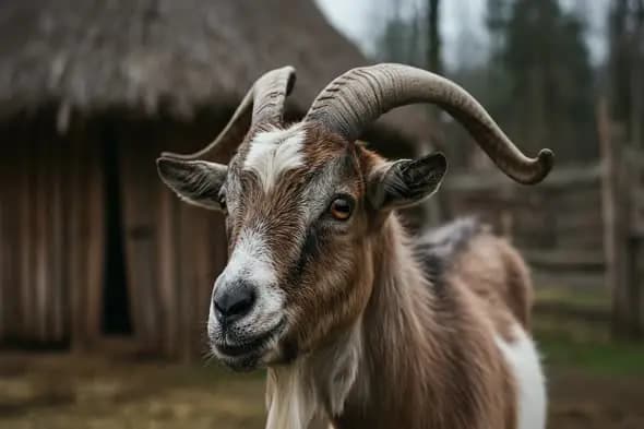 Close-Up of a Horned Goat in a Rustic Village Setting