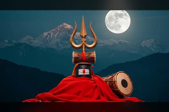 Shiva Trishul with Damru, Lingam & Drum under Full Moon | AIClips Devotional Himalaya Scene