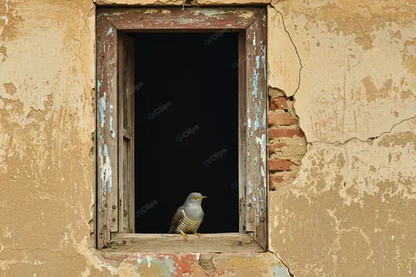 Solitary Bird in Weathered Window Frame