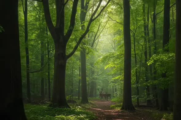 Enchanted Forest Path Deer Silhouettes Misty Atmosphere