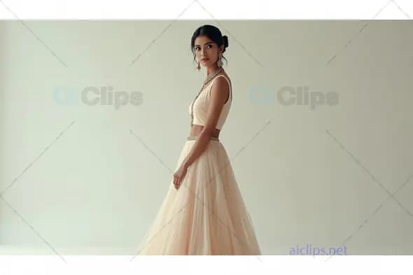 Elegant Indian Woman in Traditional Beige Lehenga – Fashion Portrait