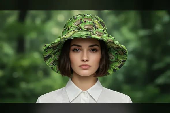 Stylish Woman Wearing Frog-Patterned Bucket Hat in Forest Setting