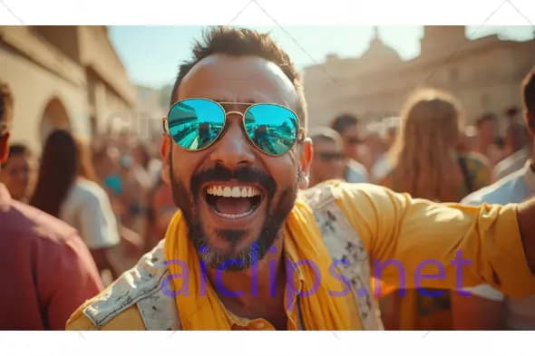 Smiling Man in Reflective Sunglasses at Festival