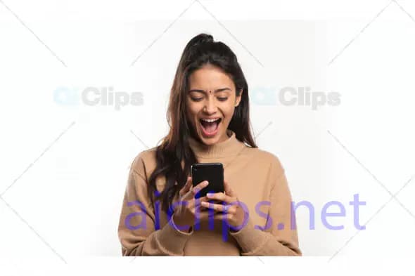 Excited Woman Looking at Smartphone