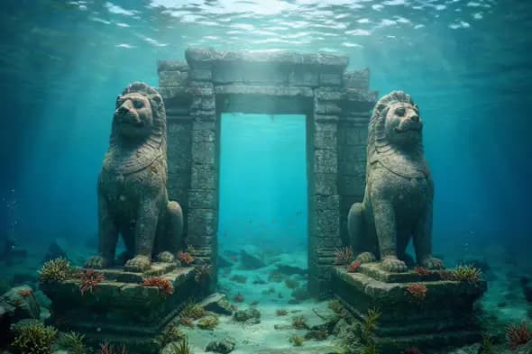 Ancient Underwater Lion Gate with Coral and Marine Life