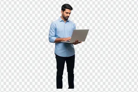 Concentrated Indian Man Standing with Laptop PNG Clipart