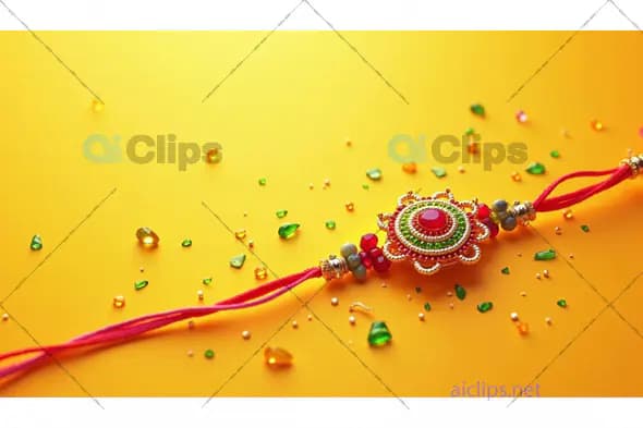 Intricate Rakhi with Gemstone Embellishments on a Festive Yellow Background