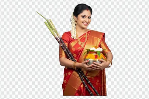 Indian Woman Celebrating Pongal Festival with Offerings PNG
