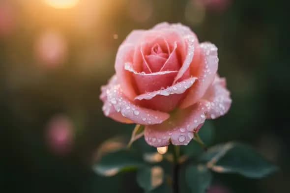 Dewdrop Covered Pink Rose Bloom Golden Hour Footage