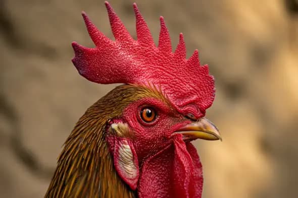 Close-Up Portrait of a Vibrant Rooster with Bright Red Comb and Intense Eyes