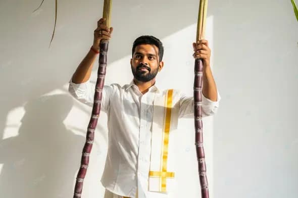 Man in Traditional Attire Holding Sugarcane