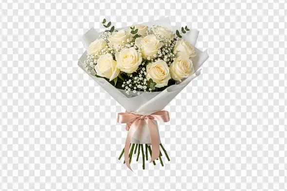 Elegant White Roses Bouquet with Pink Bow PNG Clipart