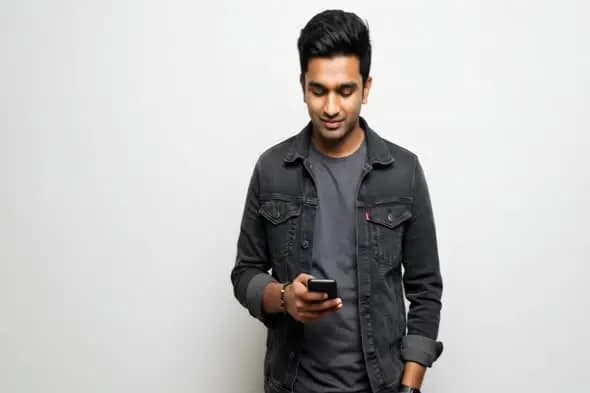 Young Man Casually Checking Smartphone Against White Background