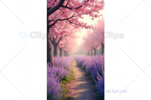 Dreamy Path Through Blossoming Cherry Trees and Lavender Fields