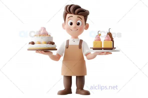 3D Pastry Chef Avatar Holding Cake and Dessert Tray
