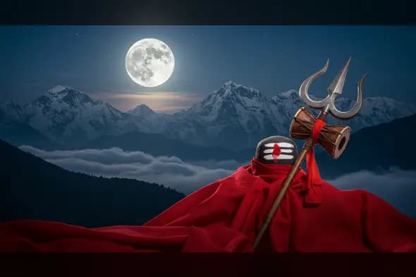 Lord Shiva Lingam with Trishul & Damru from Rear View | AIClips Devotional Moonlight Scene