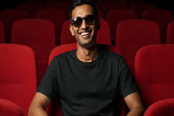 Man smiling in red cinema hall wearing sunglasses